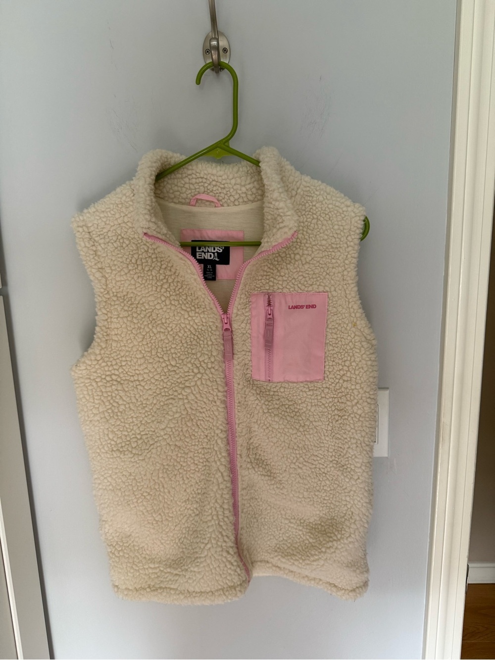 Lands' End Cream Sherpa Vest with Pink Trim & Pocket